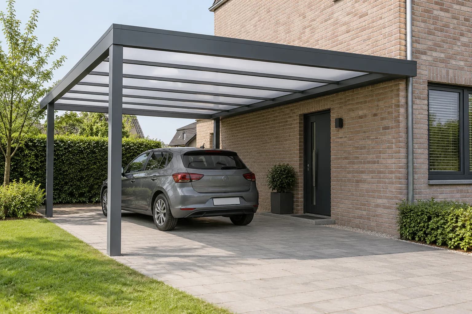Overdekte doorgang tussen een auto onder de carport en de zijdeur van de woning.