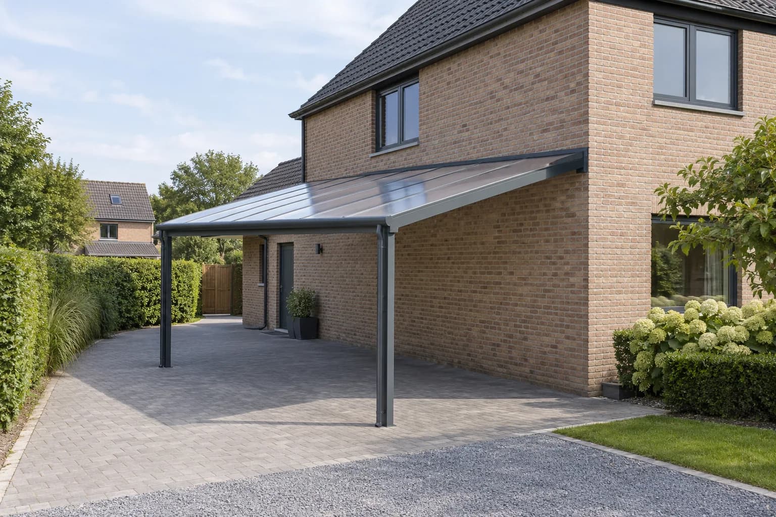 Carport aan een bakstenen woning met lichtdoorlatend dak en twee buitenste staanders.