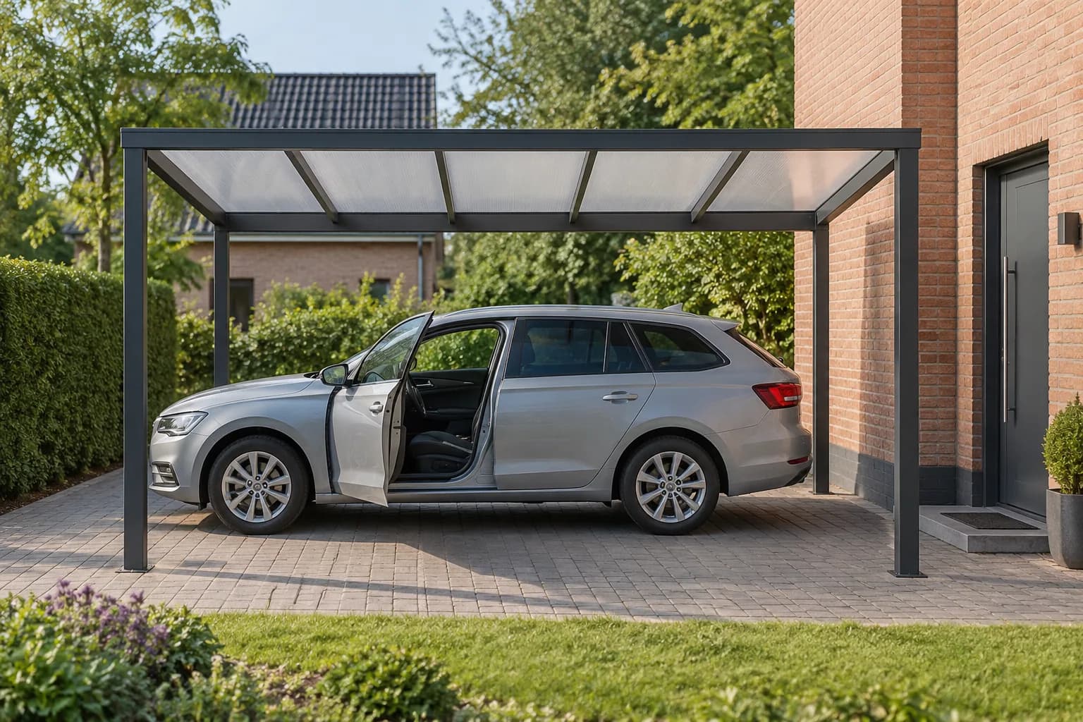 Auto met geopende deur onder een aluminium carport met voldoende ruimte tussen de staanders.