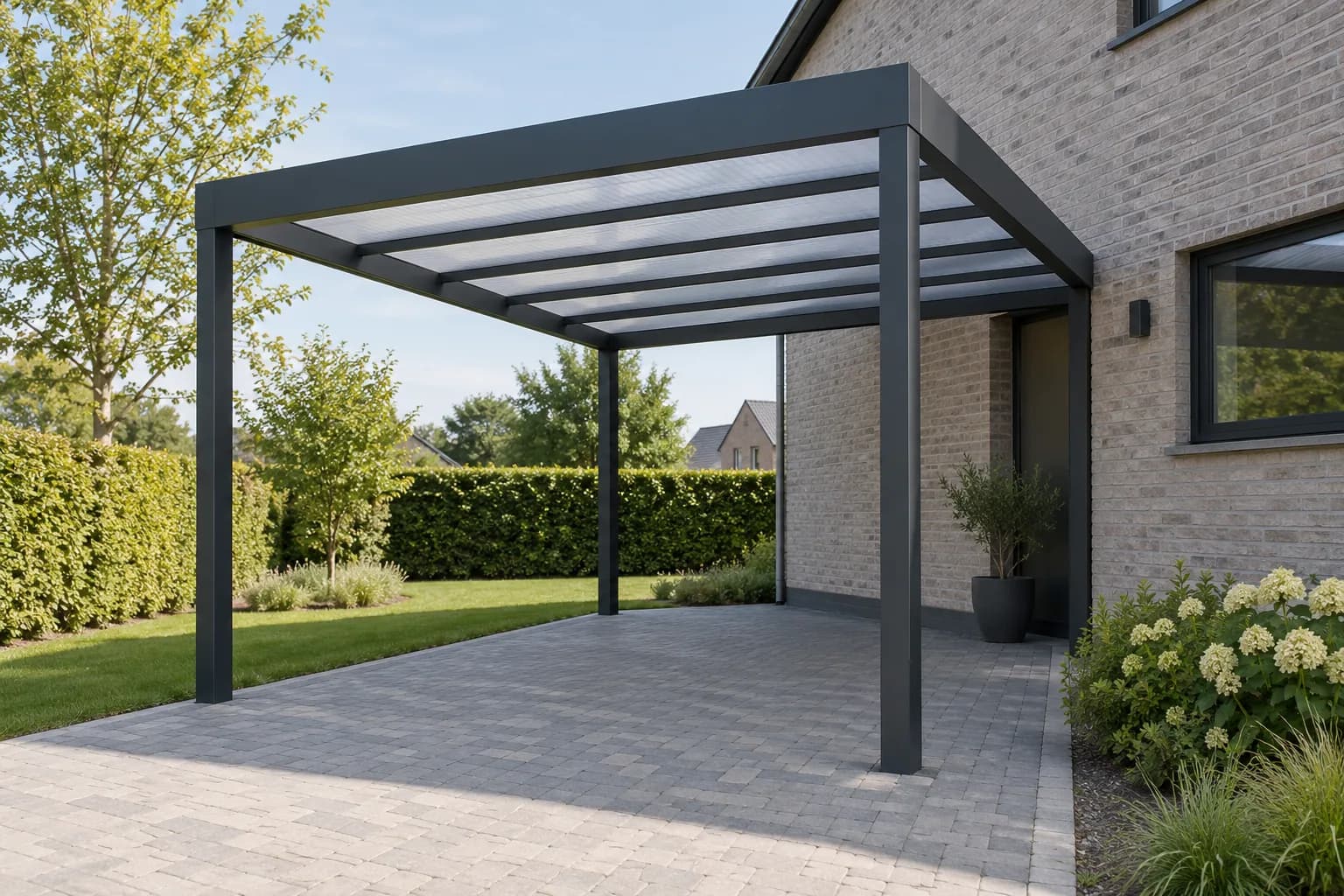 Aluminium carport met donkere profielen en lichtdoorlatende dakpanelen naast een woning.