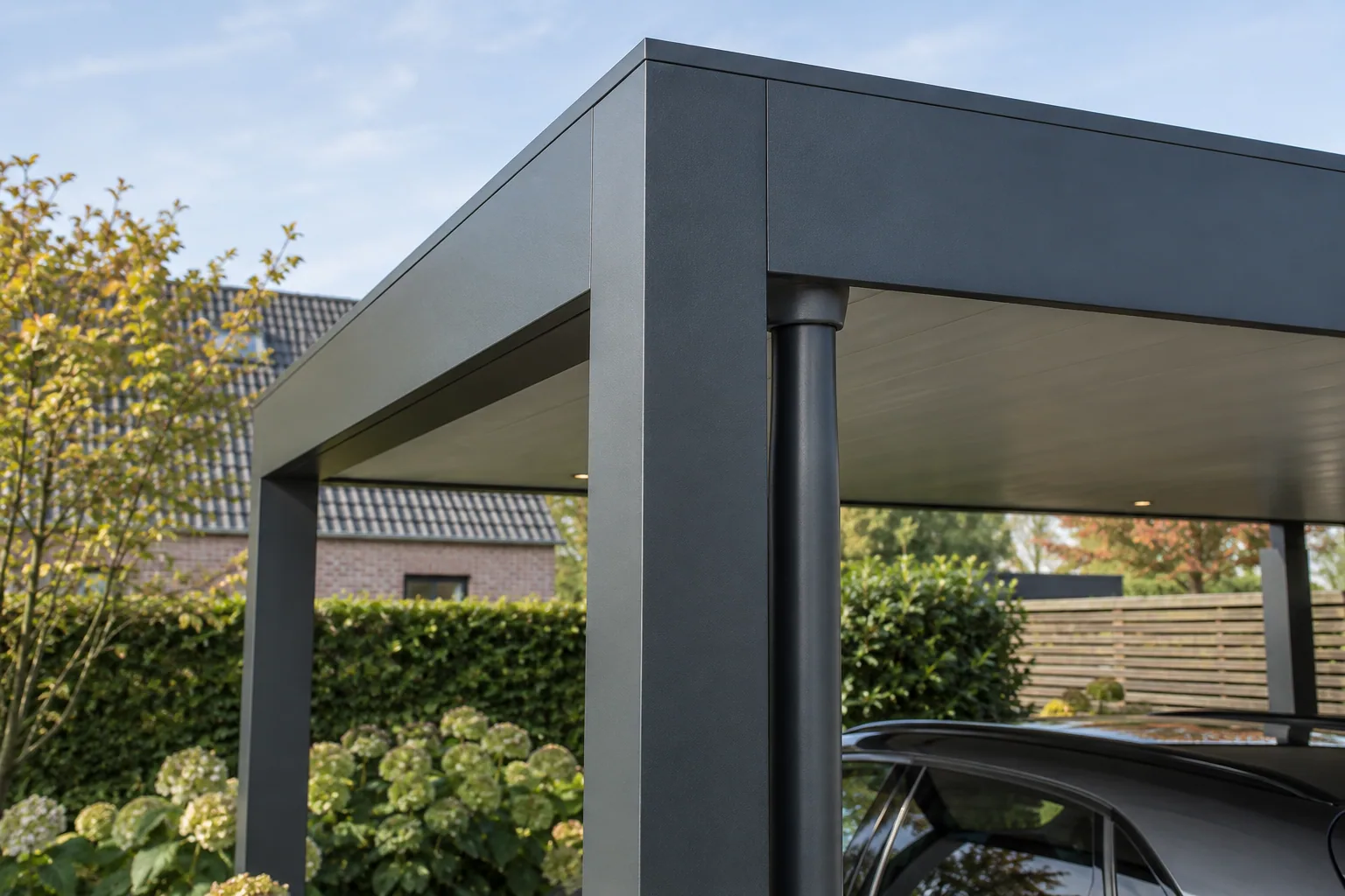 Rechte dakrand en regenafvoer bij de hoekstaander van een aluminium carport met plat dak.