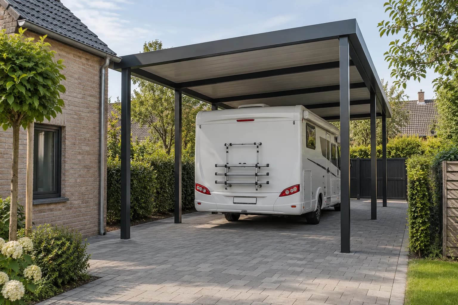Hoge carport met een witte camper en zichtbare vrije ruimte boven en naast het voertuig.