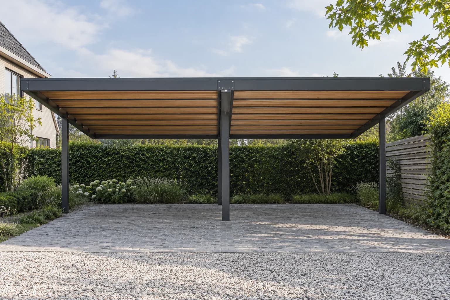 Middenstaander en dakbalken verdelen een dubbele carport in twee parkeerplaatsen.
