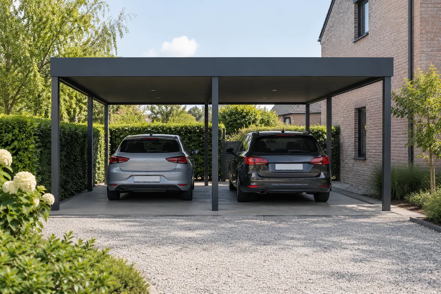 Dubbele carport met twee auto's naast elkaar onder een breed plat dak.