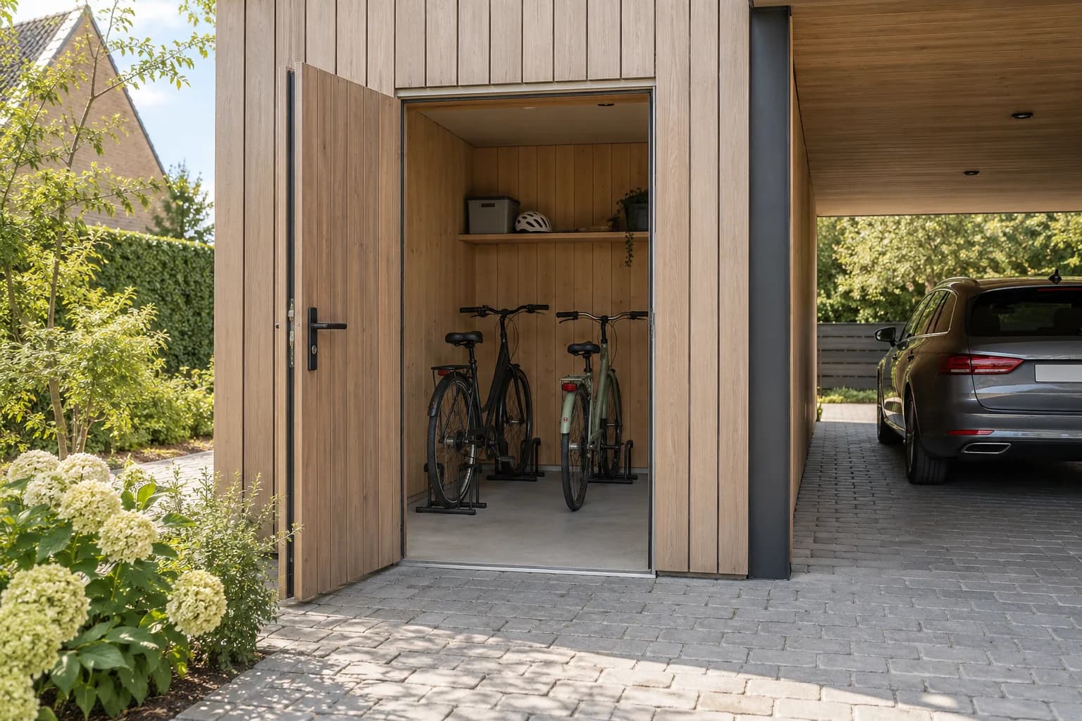 Brede deuropening met lage drempel en twee fietsen in de berging naast een carport.