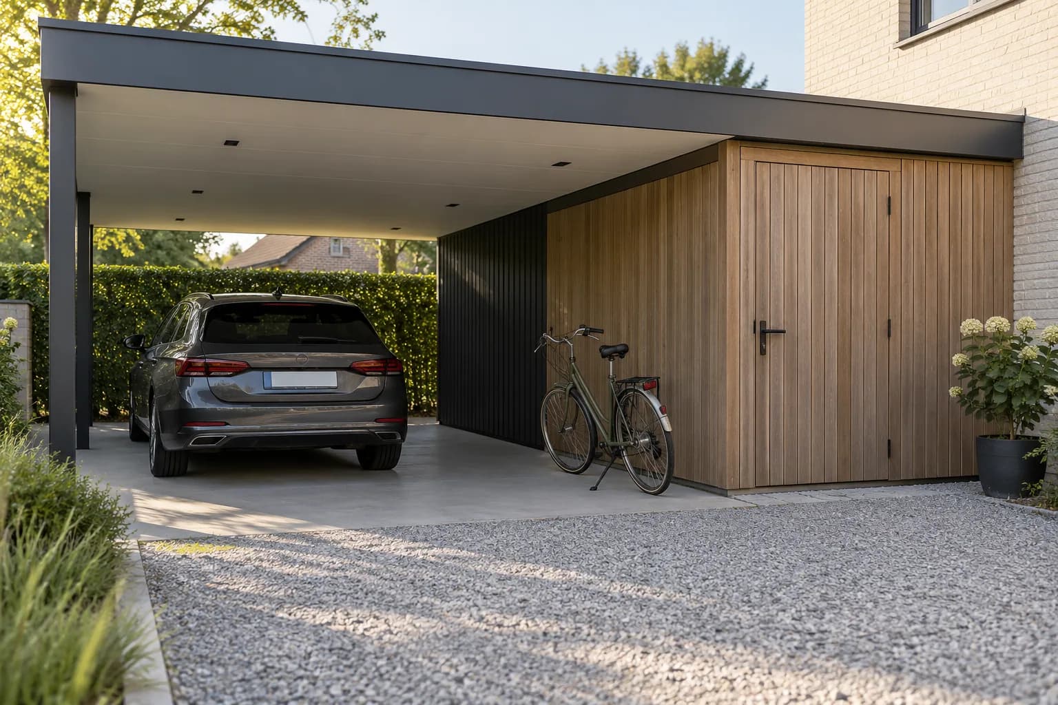 Fiets voor een houten berging met vrije toegang naast de parkeerplaats onder de carport.
