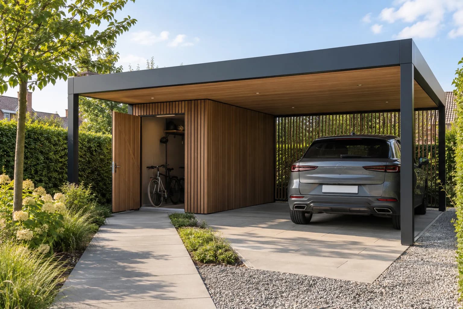 Carport met houten fietsenberging en een vrije toegang naast de geparkeerde auto.