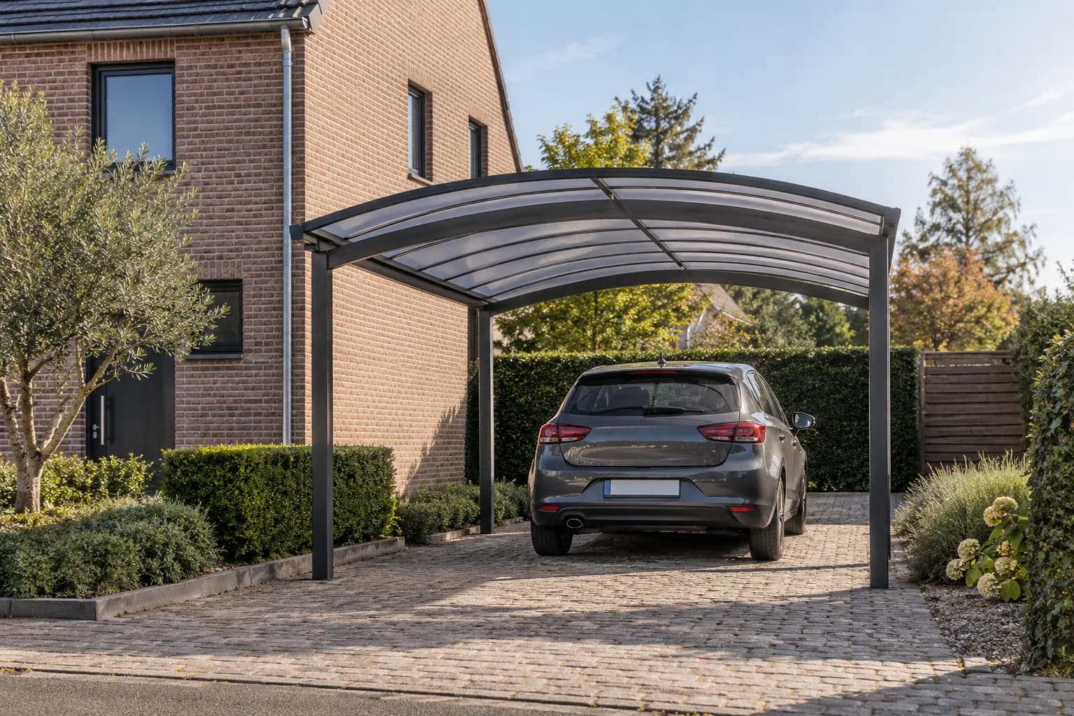 Carport met een lichtdoorlatend gebogen dak en aluminium staanders op een oprit.