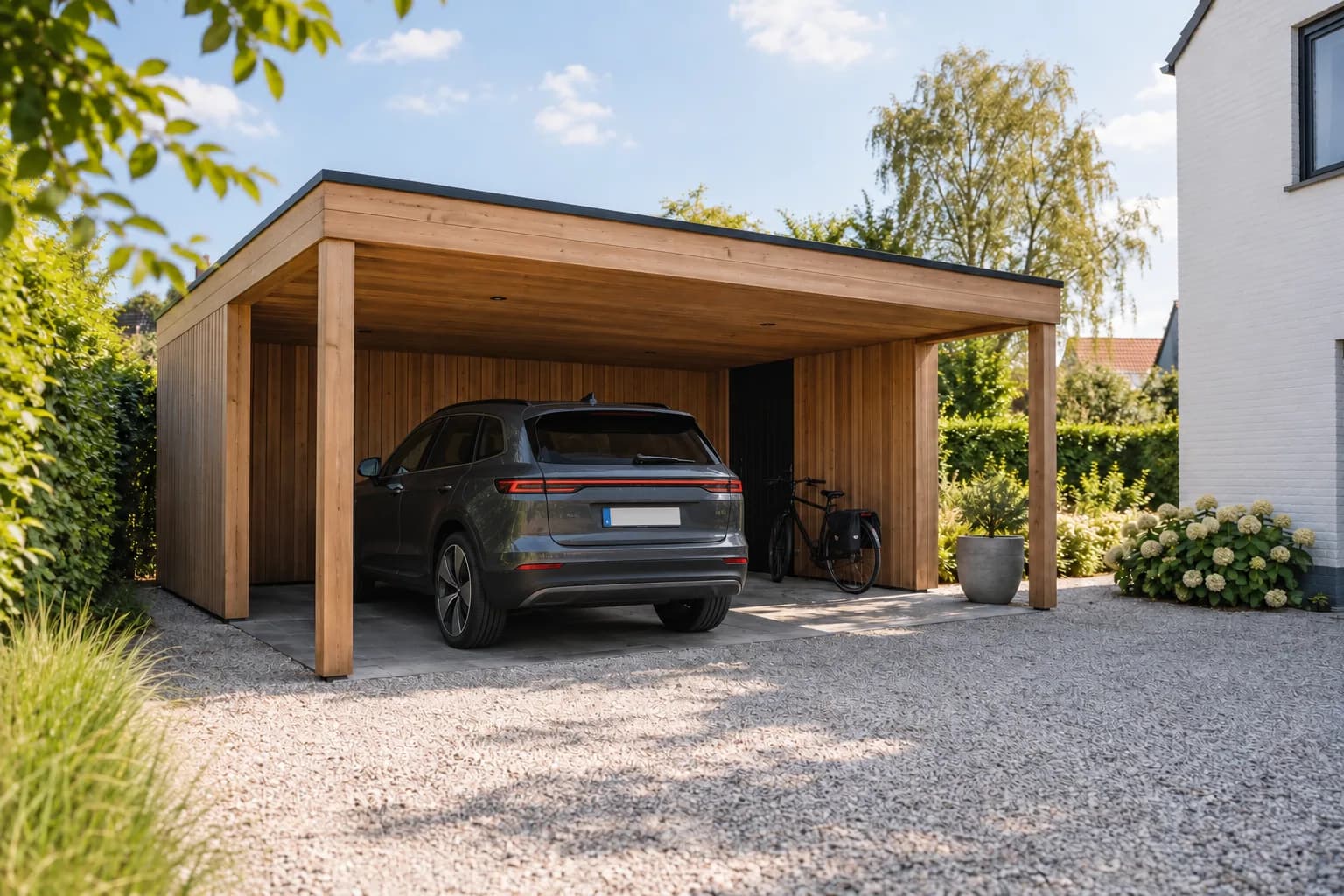 Houten carport met een gezinswagen en fietsenberging