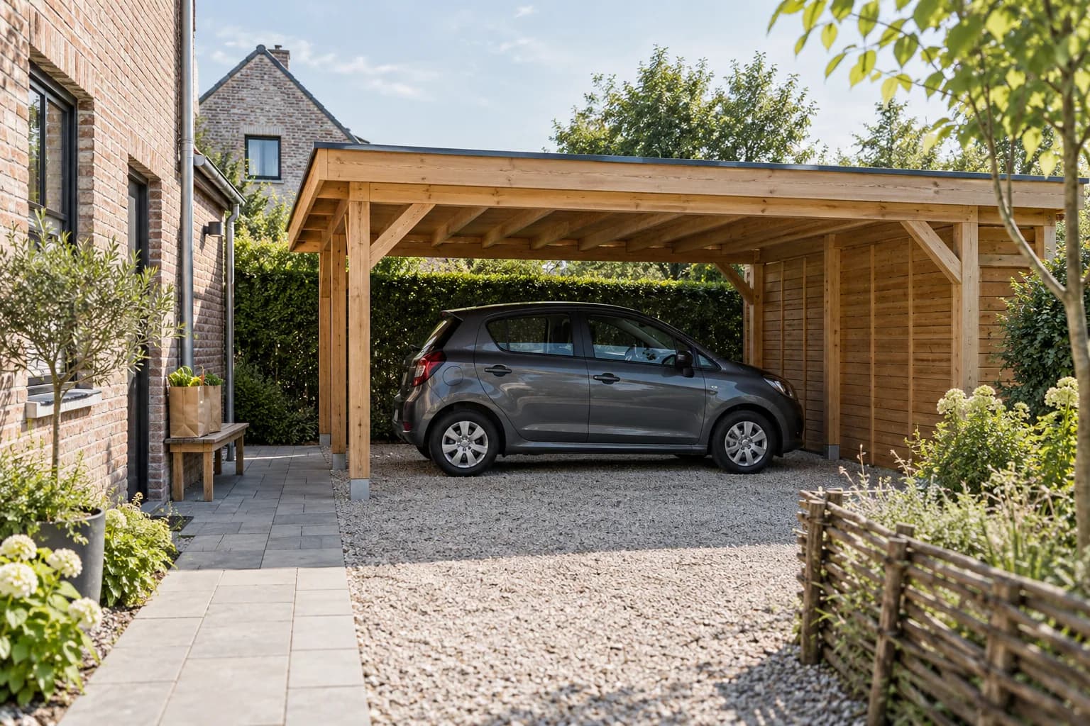 Auto onder een houten carport met loopruimte en een bankje naast de parkeerplek.