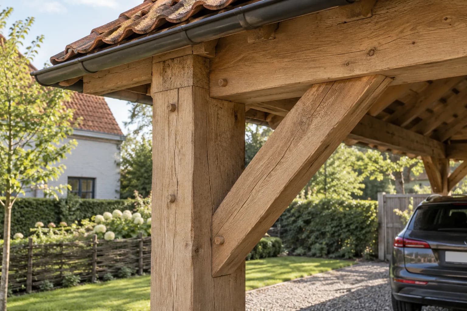Houten staander, draagbalk en schuine schoor onder het pannendak van een landelijke carport.