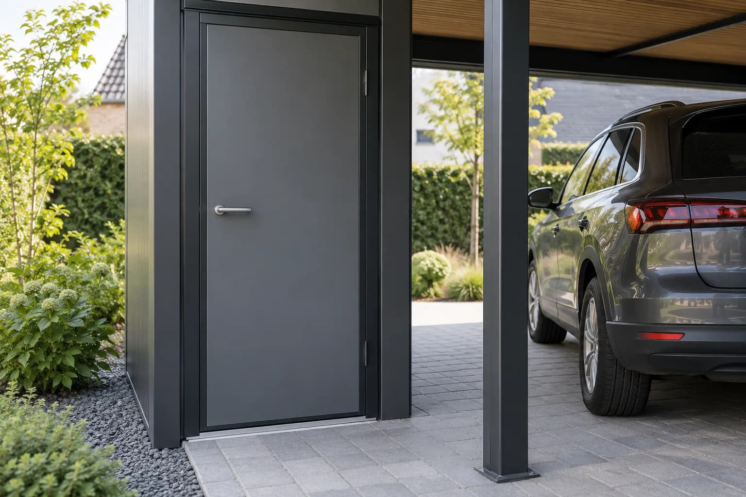 Aluminium deurkader en gladde bergingspanelen onder het dak van een carport.
