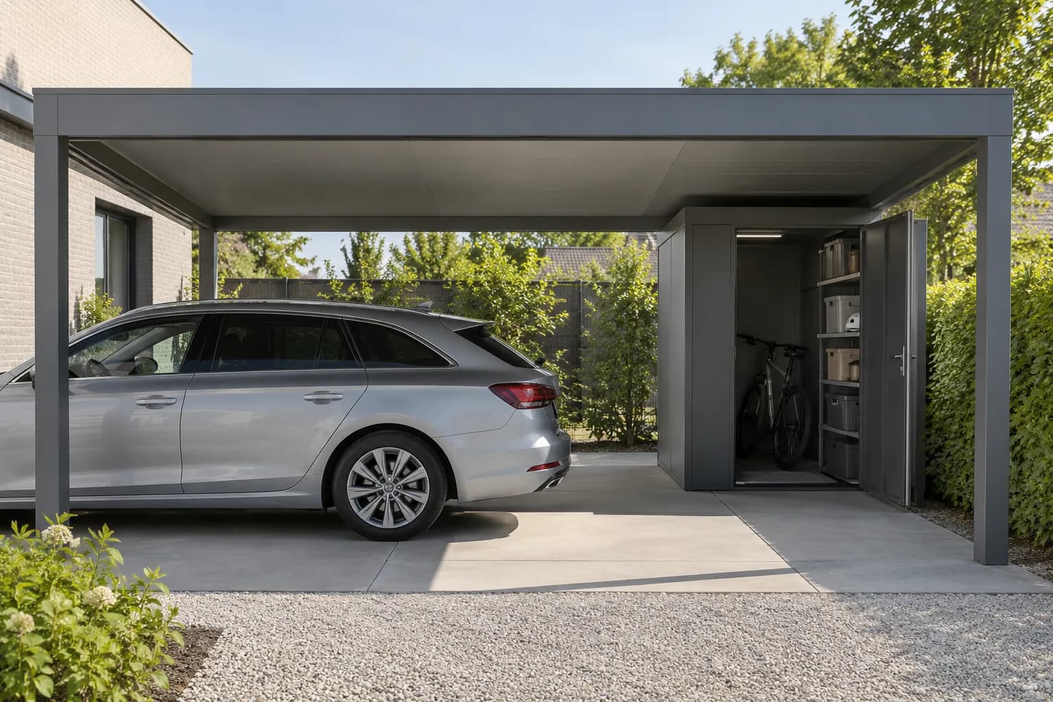 Auto en fiets gescheiden opgeborgen onder een aluminium carport met afsluitbare berging.