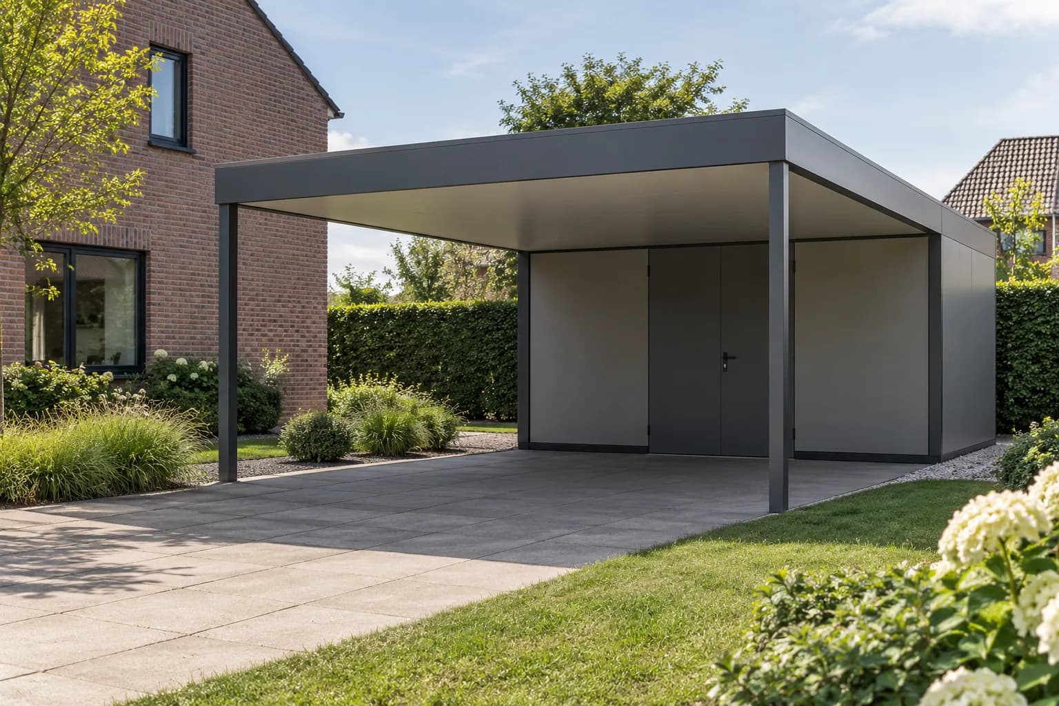 Aluminium carport met een gesloten berging in grijze panelen achter de parkeerplek.