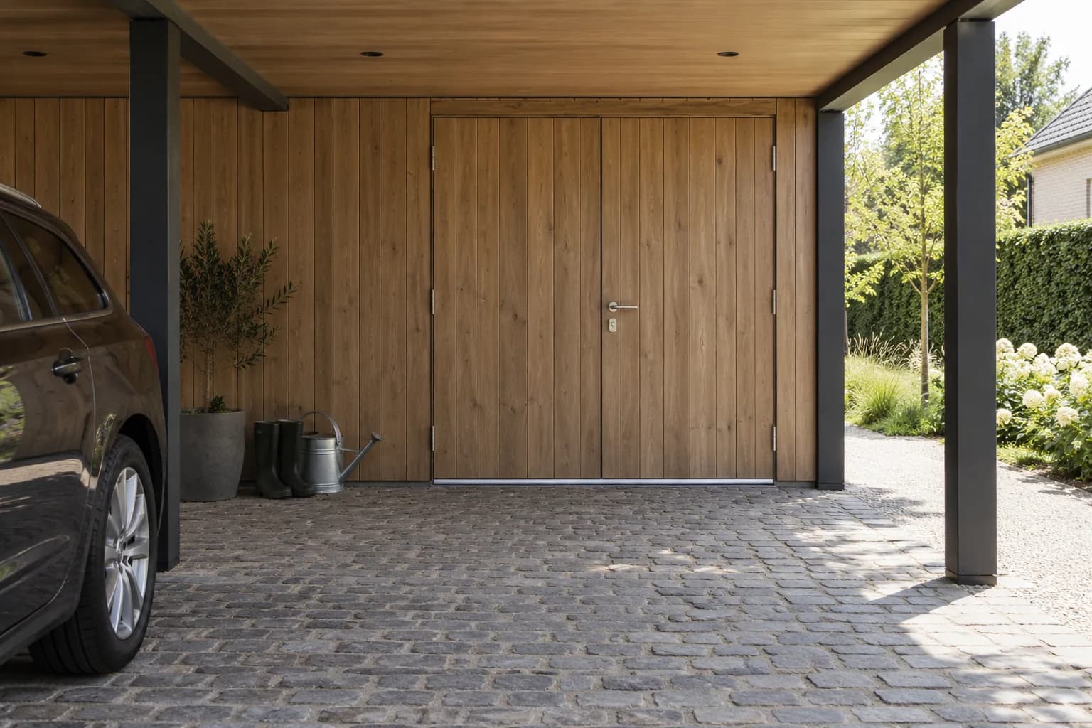 Dubbele houten bergingsdeur met lage dorpel onder het doorlopende dak van een carport.