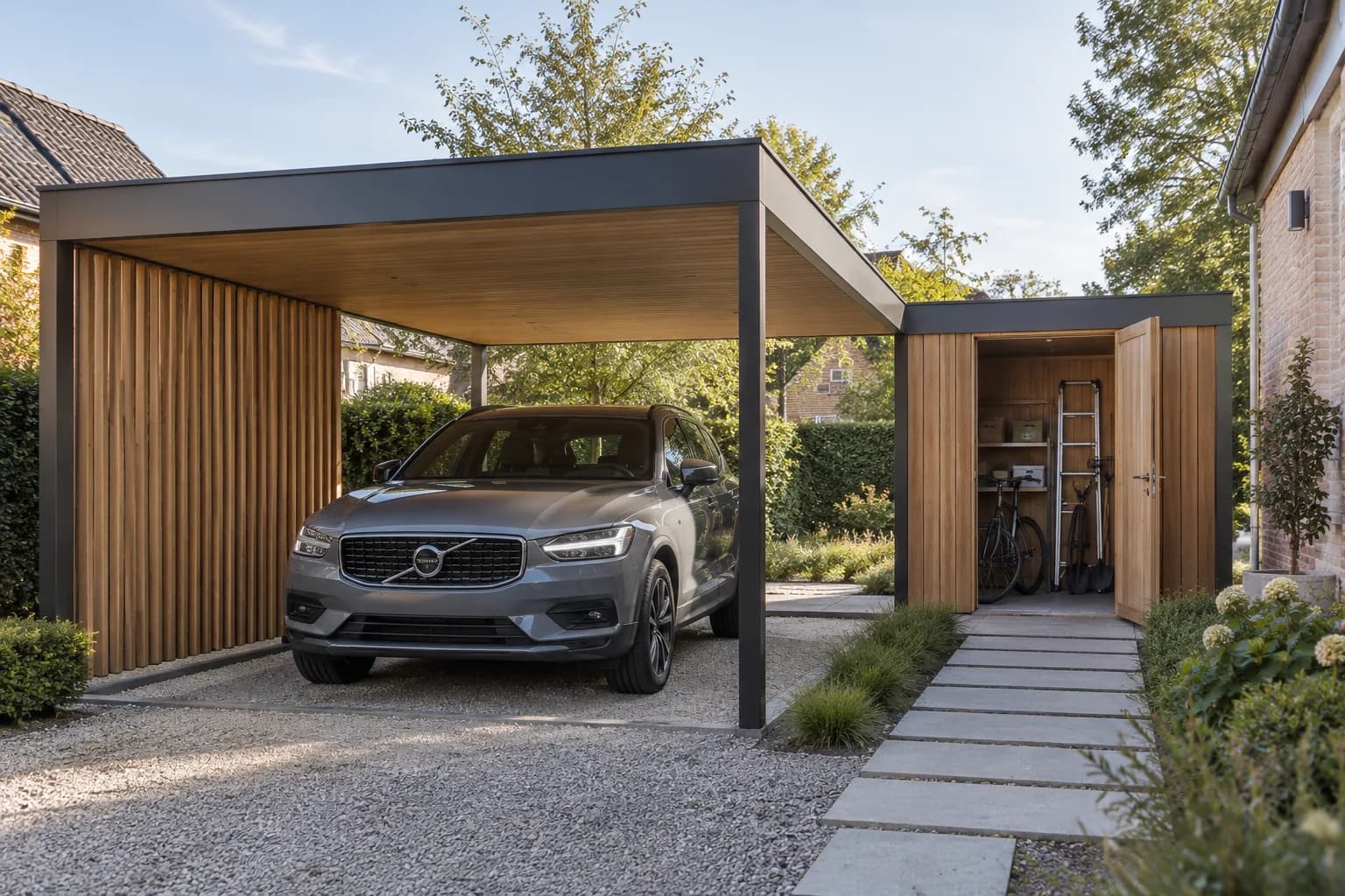Auto onder een carport met een open berging voor fiets, ladder en tuingerief.