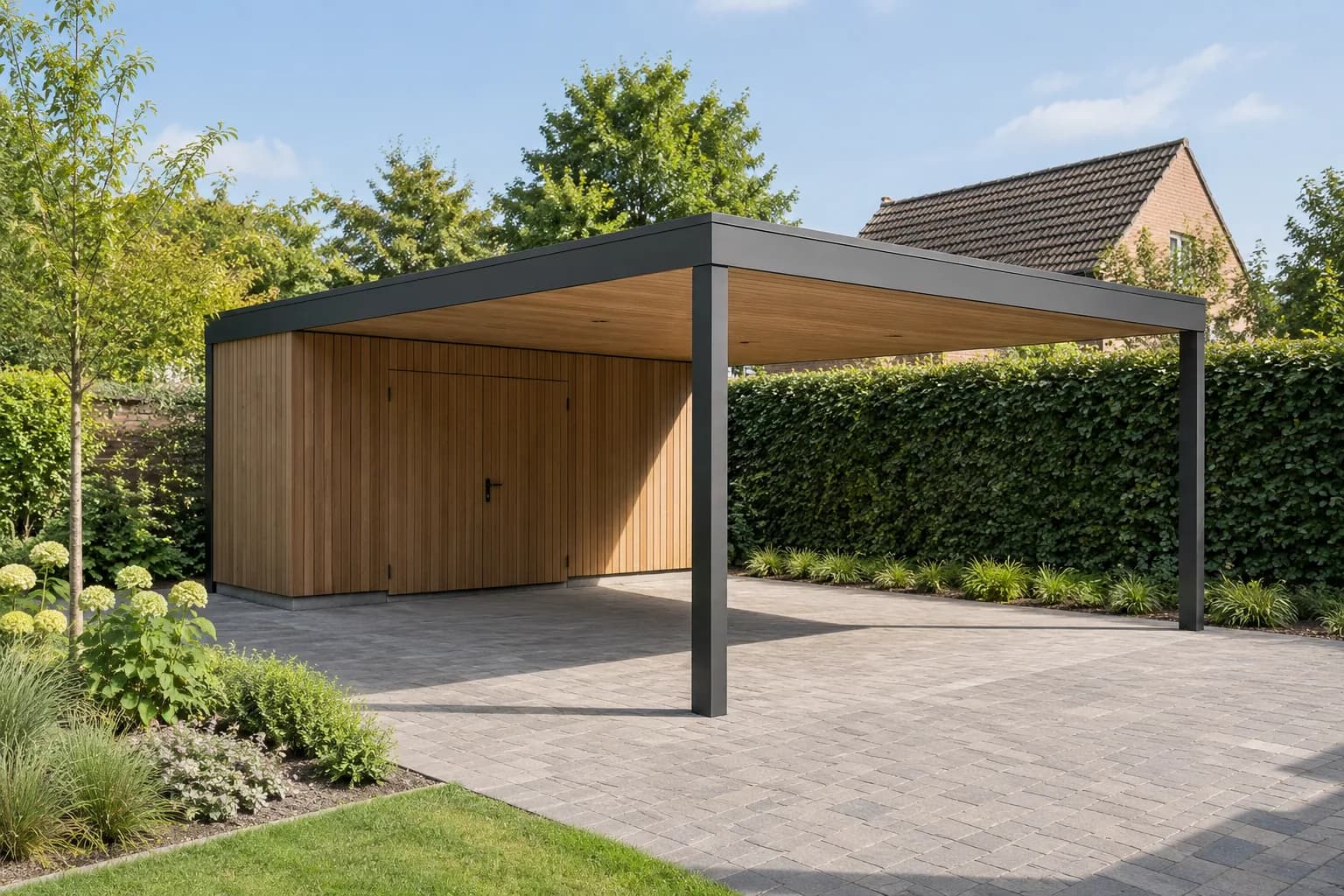 Carport met een afgesloten houten berging achter de open parkeerplek onder hetzelfde dak.