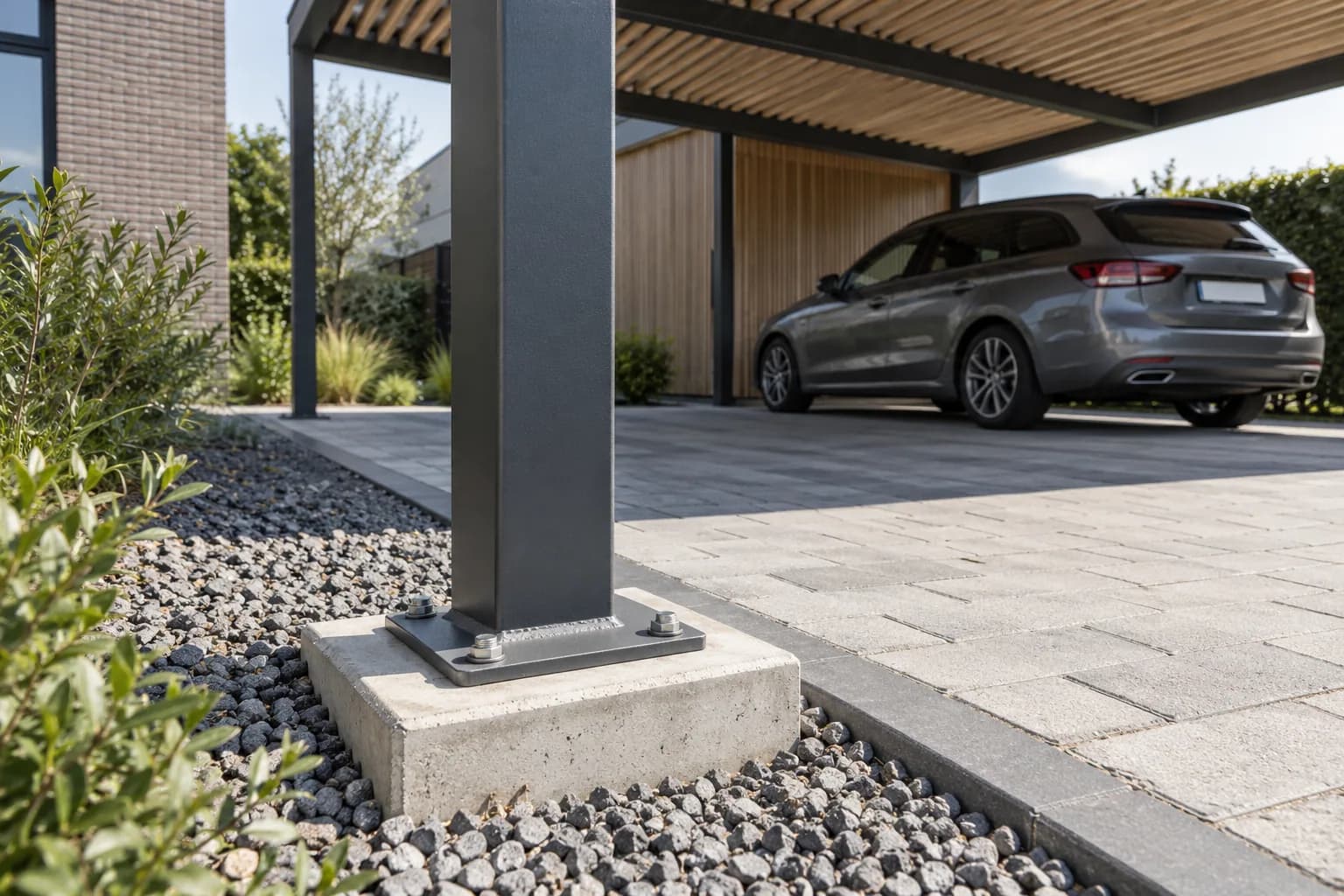 Betonnen voet, metalen verankering en bestrating aan de basis van een carportstaander.