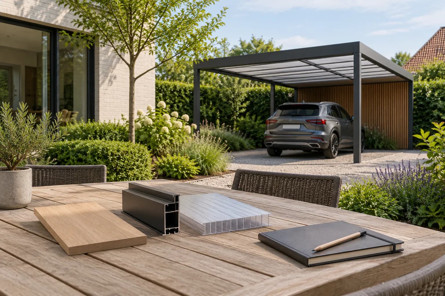 Stalen van hout, aluminium en dakplaat op een tafel bij een carport.