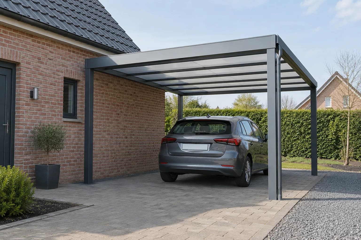 Eenvoudige carport met lichtdoorlatend dak op een verharde oprit naast een woning.