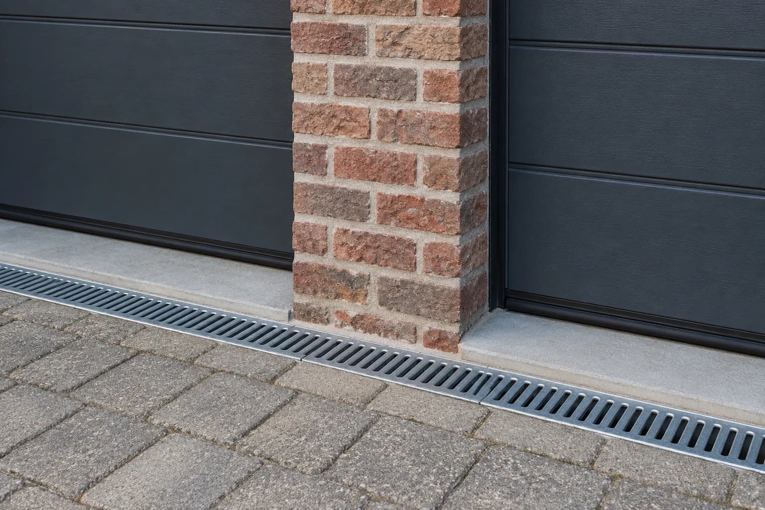 Middenpijler tussen twee garagepoorten met betonnen dorpels en een afvoergoot in de oprit.