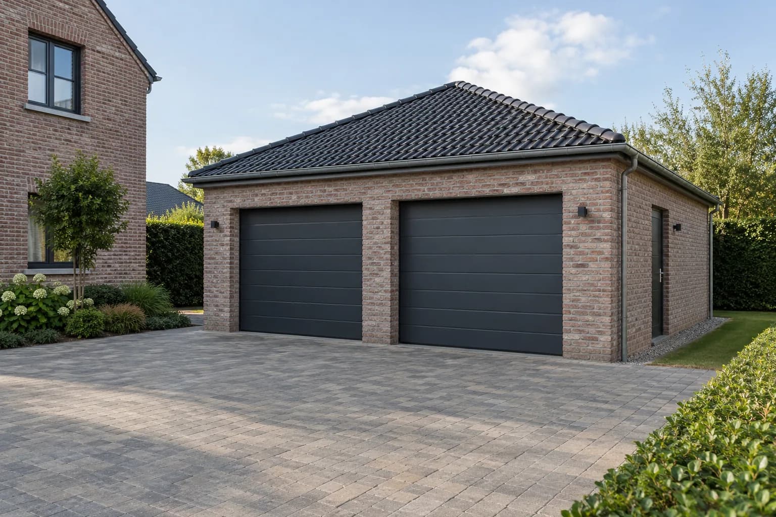 Dubbele bakstenen garage met twee afzonderlijke grijze poorten en een brede verharde oprit.