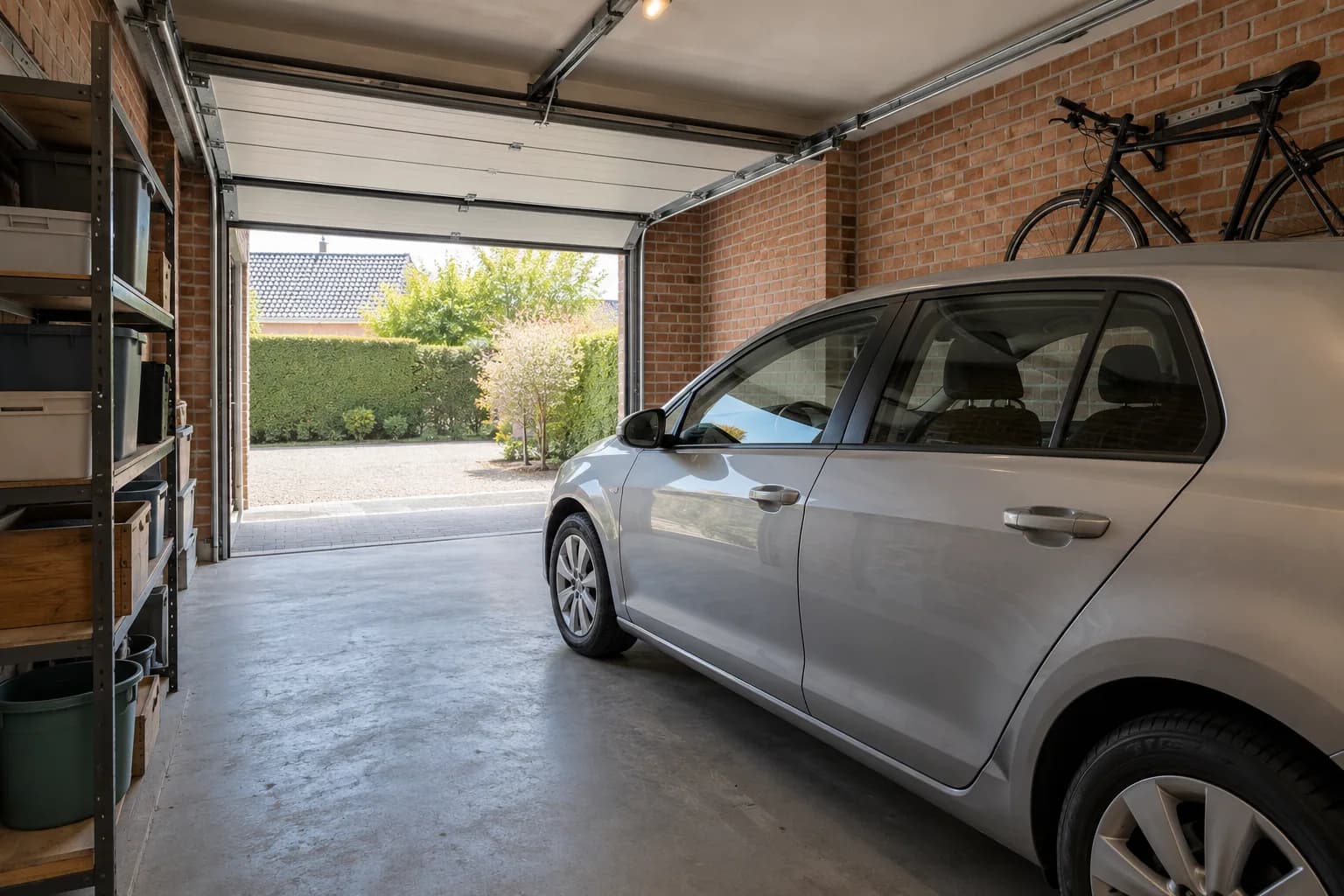 Auto in een bakstenen garage met vrije doorgang, opbergstelling en een fiets aan de zijwand.