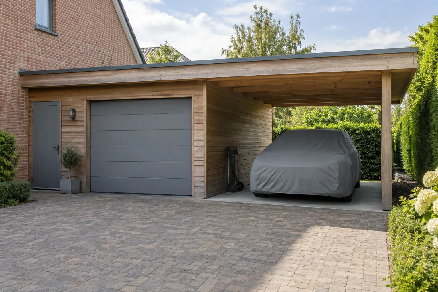 Auto onder een grijze beschermhoes in de open carport naast een houten garage met gesloten poort.