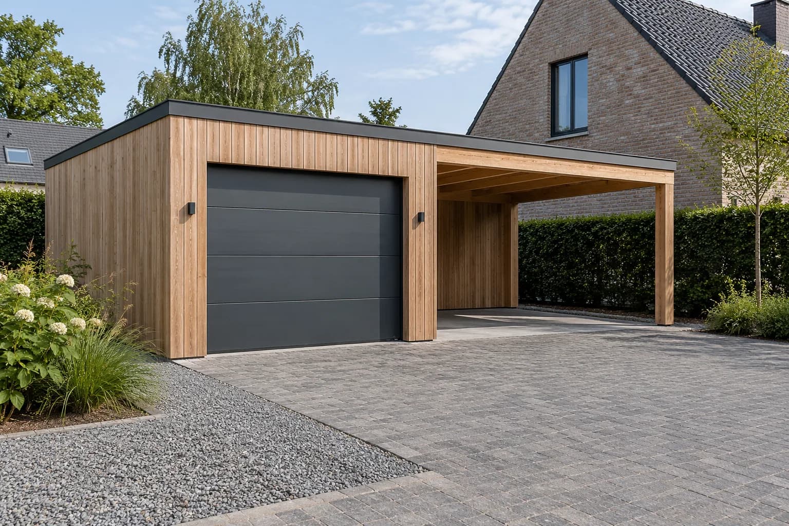 Houten garage met donkere poort en aangrenzende open carport onder een doorlopend plat dak.