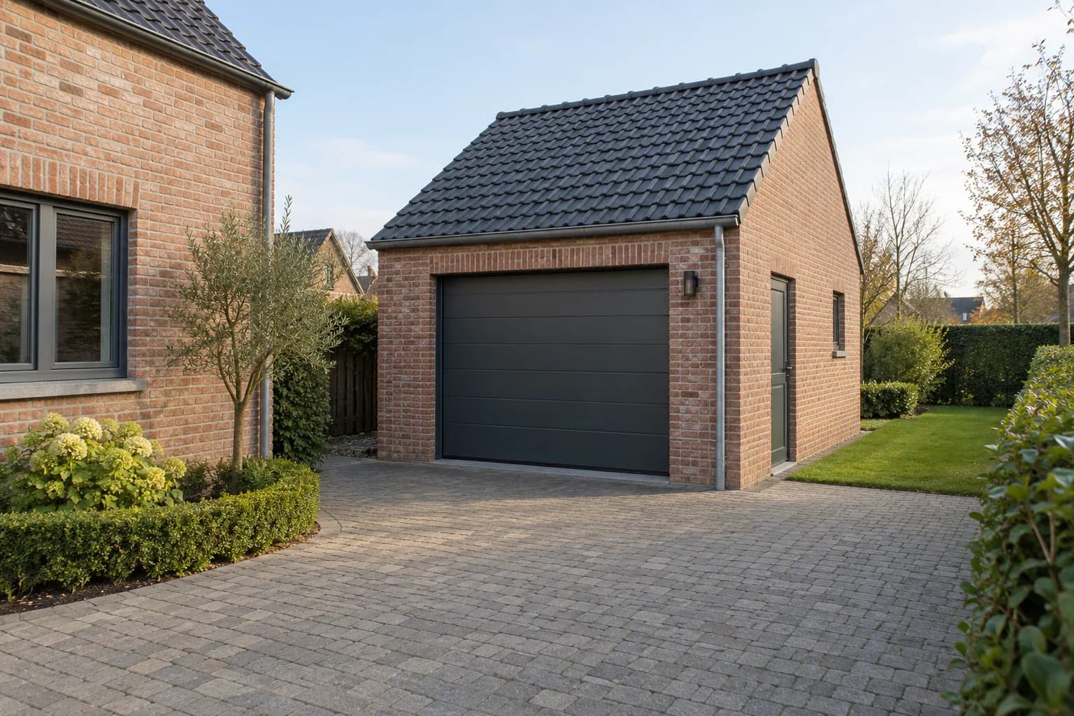 Vrijstaande bakstenen garage met grijze sectionaalpoort, pannendak en zijdeur aan een verharde oprit.