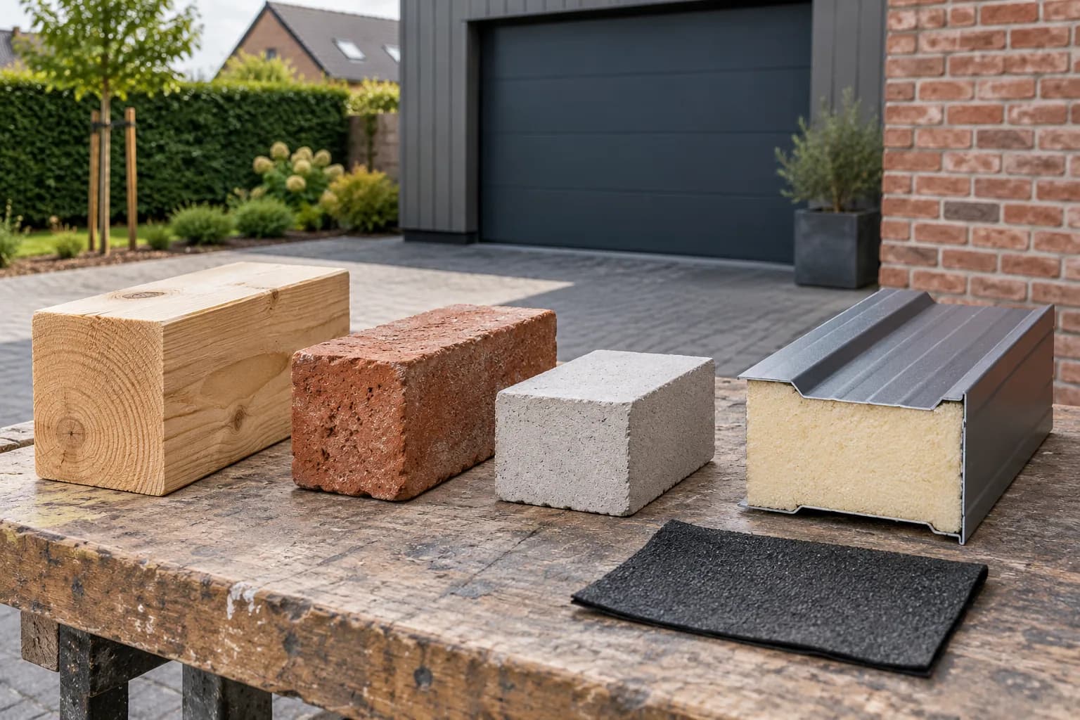 Materiaalstalen voor een garage: hout, baksteen, licht beton, geïsoleerd metaalpaneel en dakbedekking.