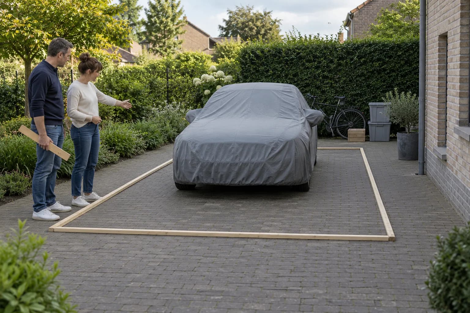 Twee bewoners beoordelen de ruimte rond een afgedekte auto binnen een met houten latten uitgezette garage.