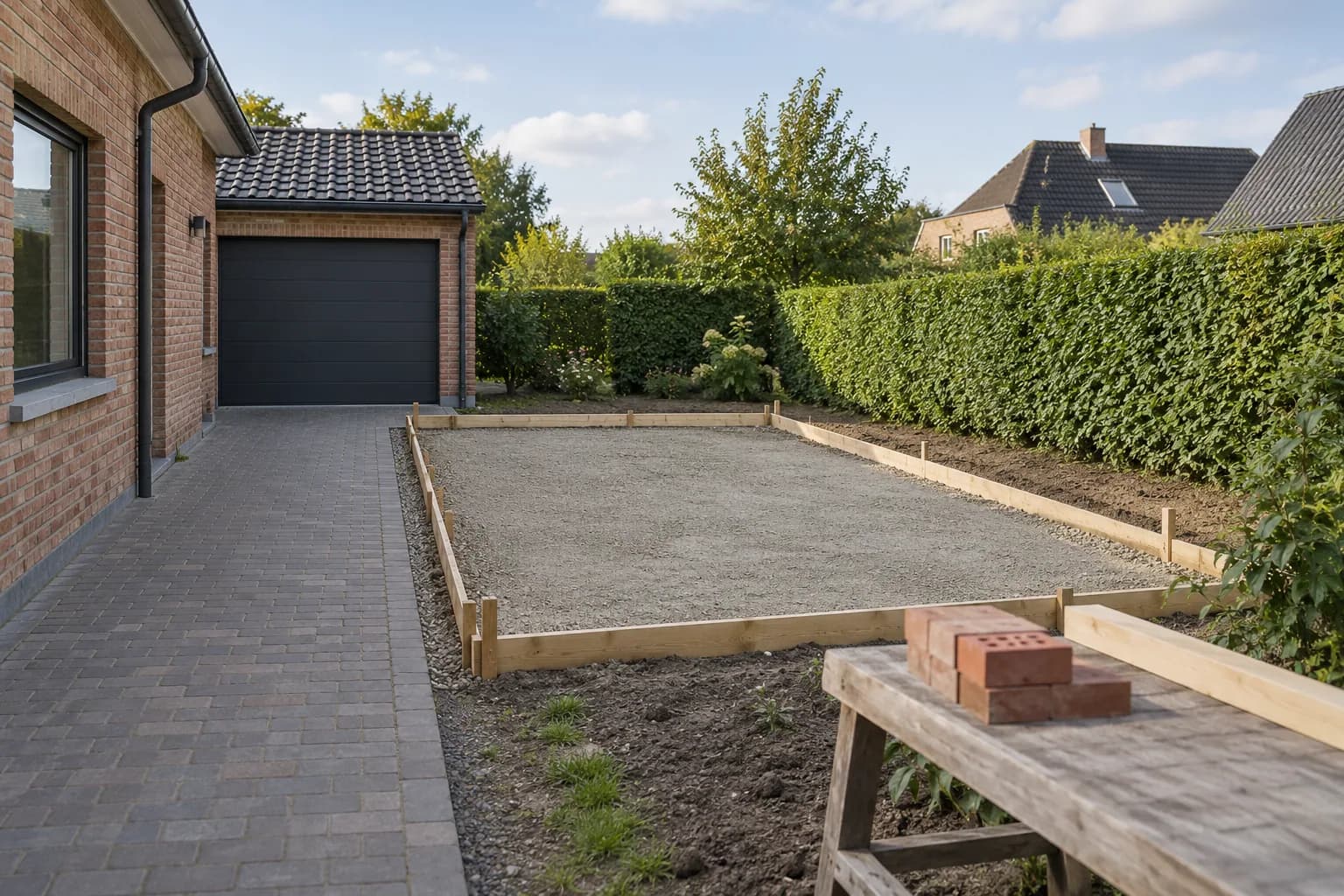 Voorbereide bouwplek met houten bekisting voor een garage, naast materiaalstalen op een werkbank.