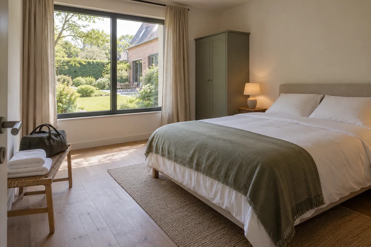 Logeerkamer met tweepersoonsbed, reistas, schone handdoeken en zicht op de tuin en hoofdwoning.
