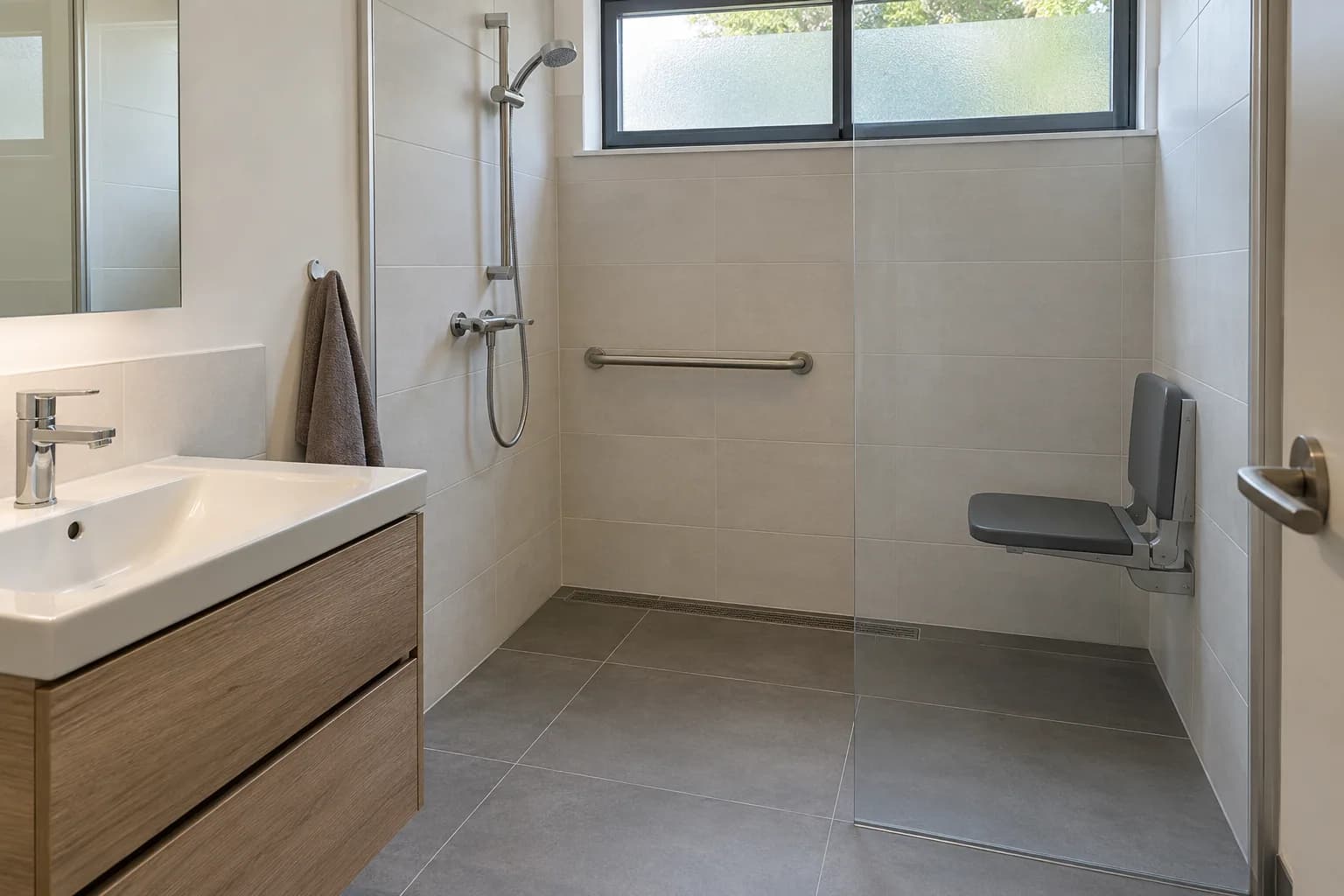 Drempelloze douche met opklapbaar zitje, wandbeugel en afvoergoot in een compacte badkamer.