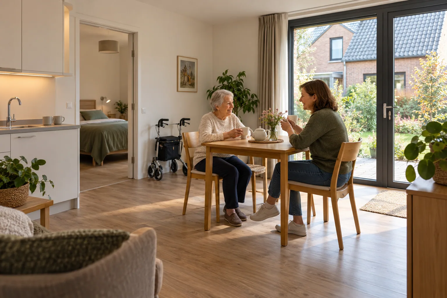 Oudere bewoner en bezoeker drinken thee in een tuinwoonunit met kitchenette, aparte slaapkamer en rollator.