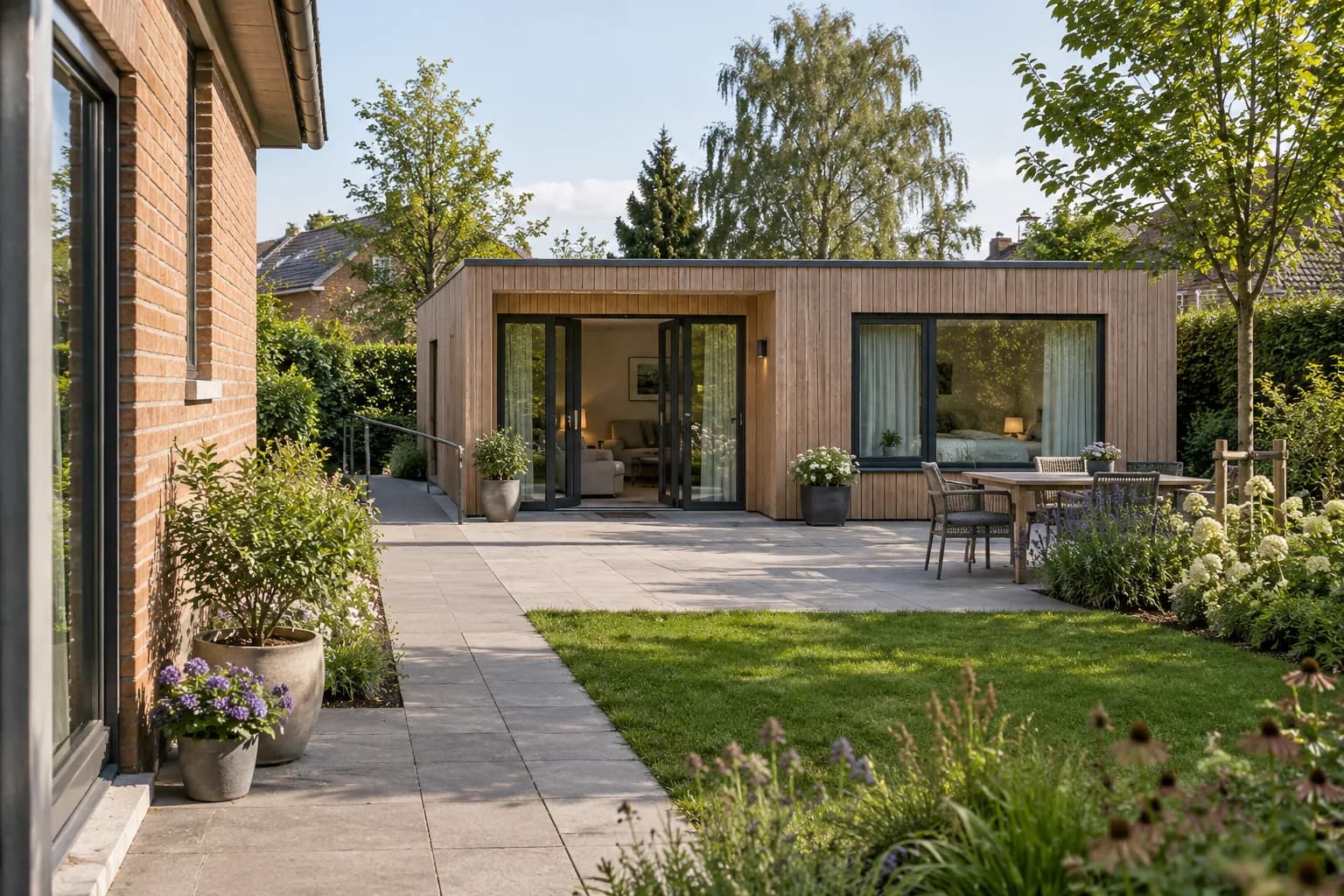 Gelijkvloerse houten woonunit met brede ingang en vlak tuinpad tussen de unit en de hoofdwoning.