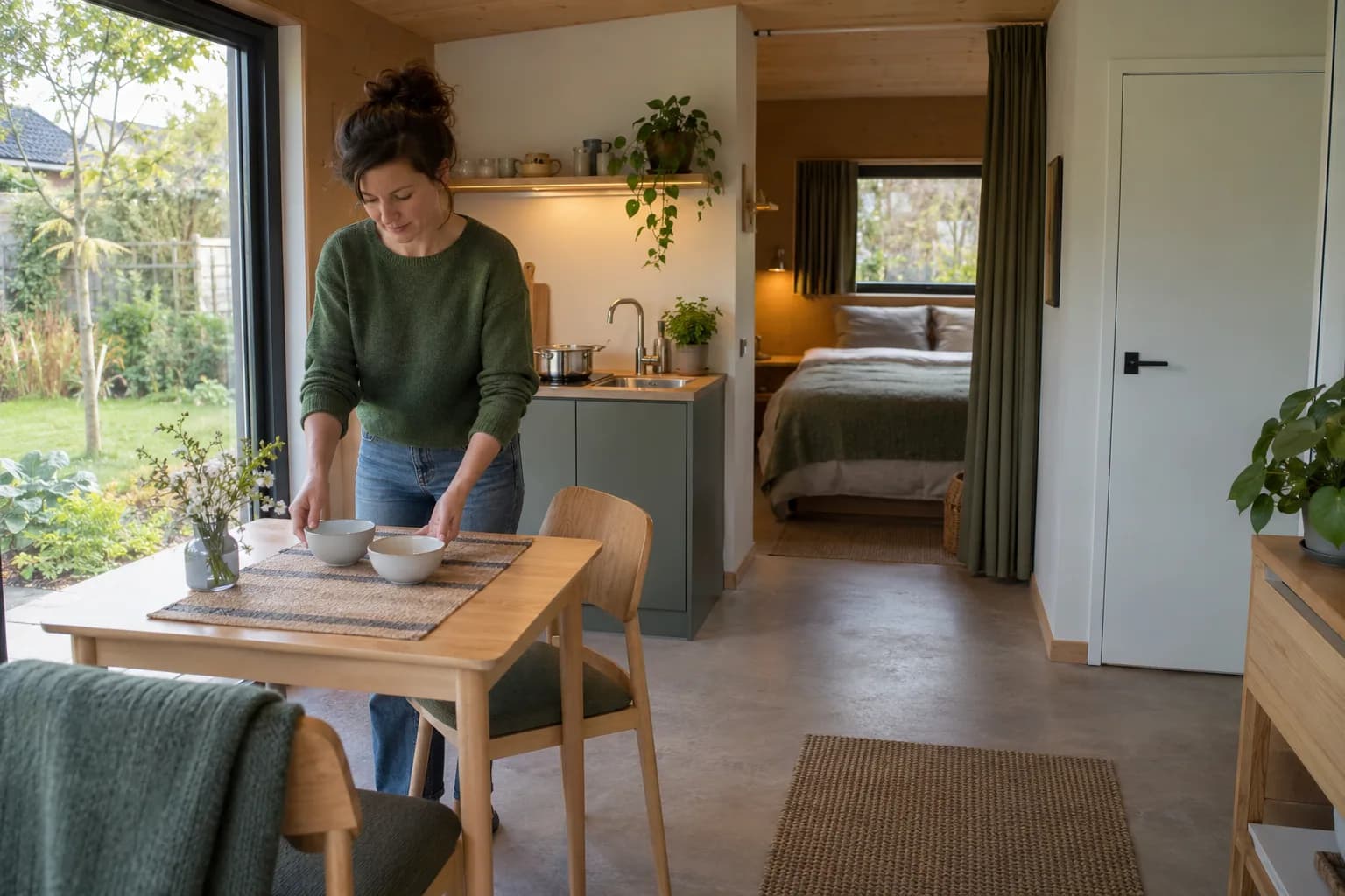 Bewoner dekt de ontbijttafel in een tiny house met compacte keuken, slaapnis en uitzicht op de tuin.