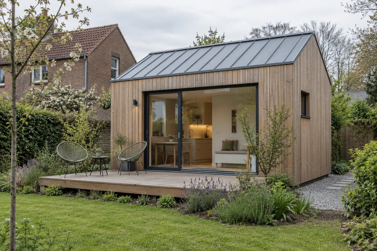 Houten tiny house met metalen zadeldak, glazen gevel en terras naast een Belgische bakstenen woning.