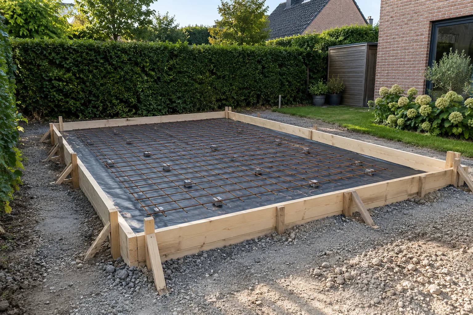 Houten bekisting met wapeningsnet op afstandhouders boven bouwfolie, voorbereid voor een betonplaat in de tuin
