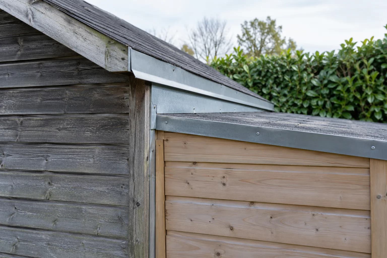 Aansluiting van een lichte houten uitbreiding op een vergrijsd tuinhuis met metalen dakslabben