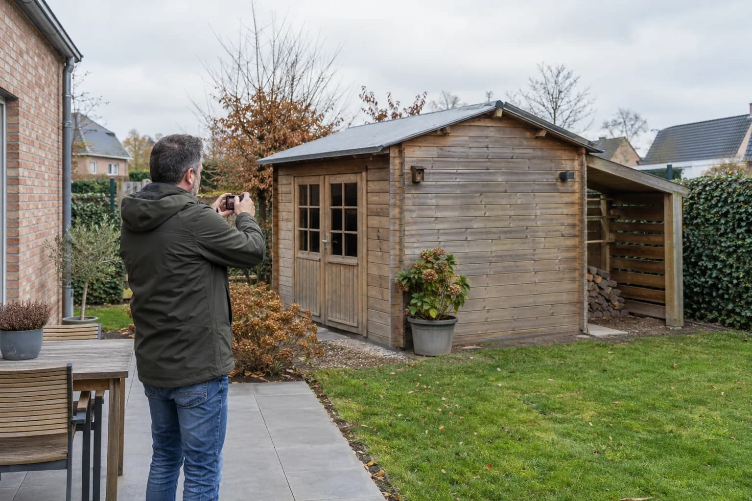 Bewoner fotografeert een bestaand houten tuinhuis en de aangebouwde houtberging vanaf het terras