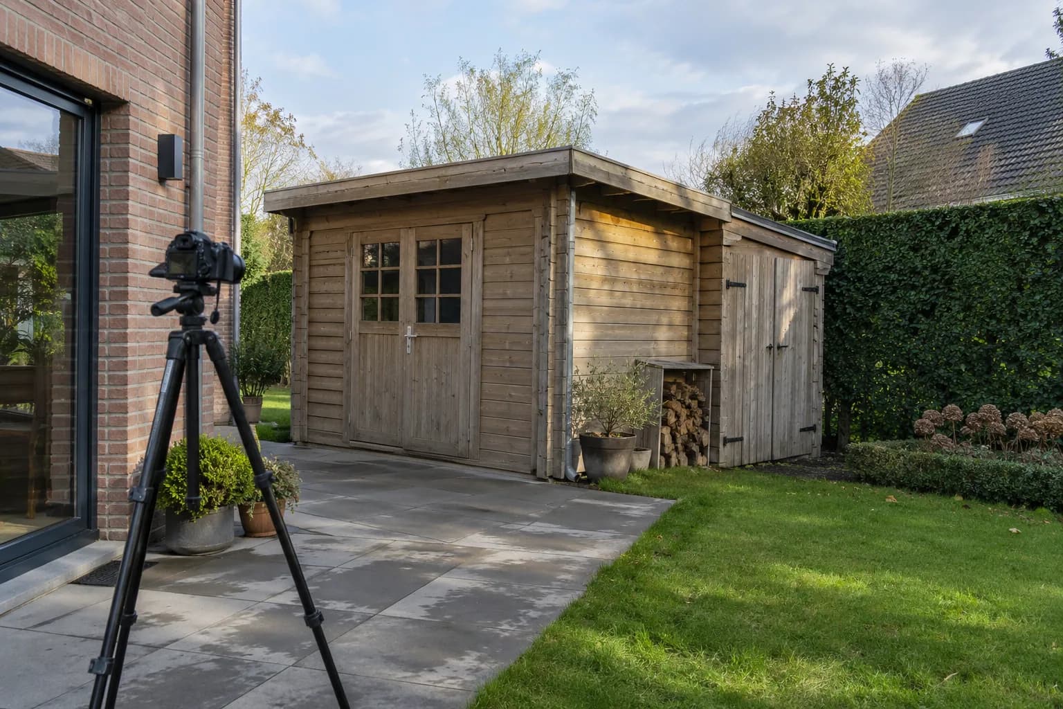 Camera op een statief gericht op een bestaand houten tuinhuis met een aangebouwde zijberging