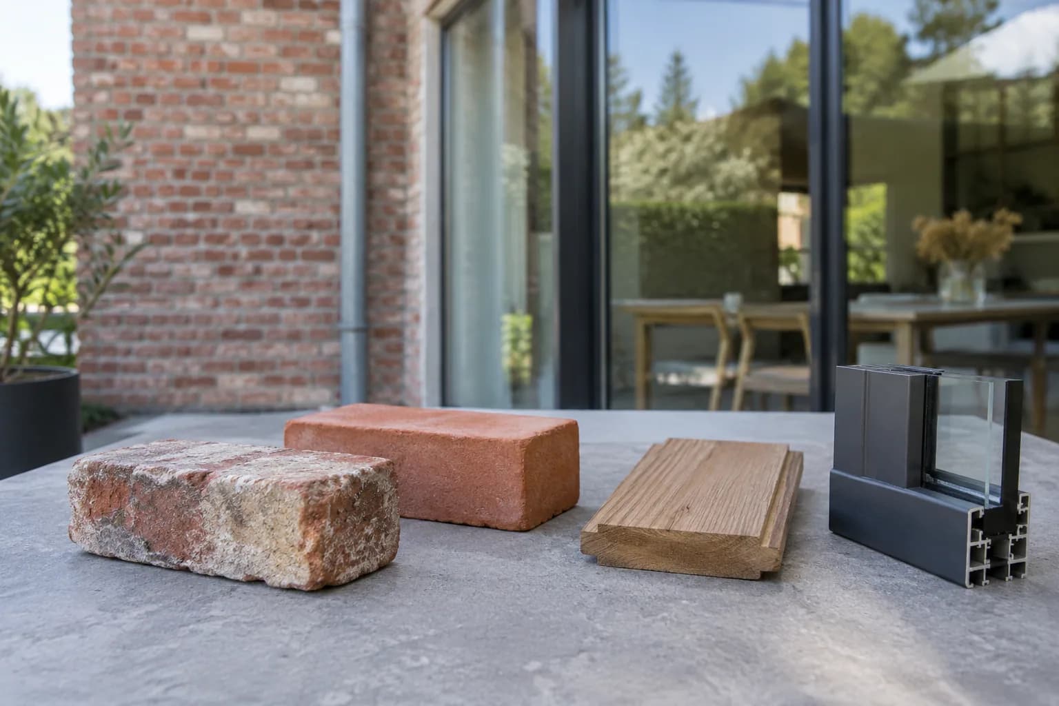Oude en nieuwe baksteen, een houten gevelstaal en een aluminium raamprofiel voor renovatieplanning