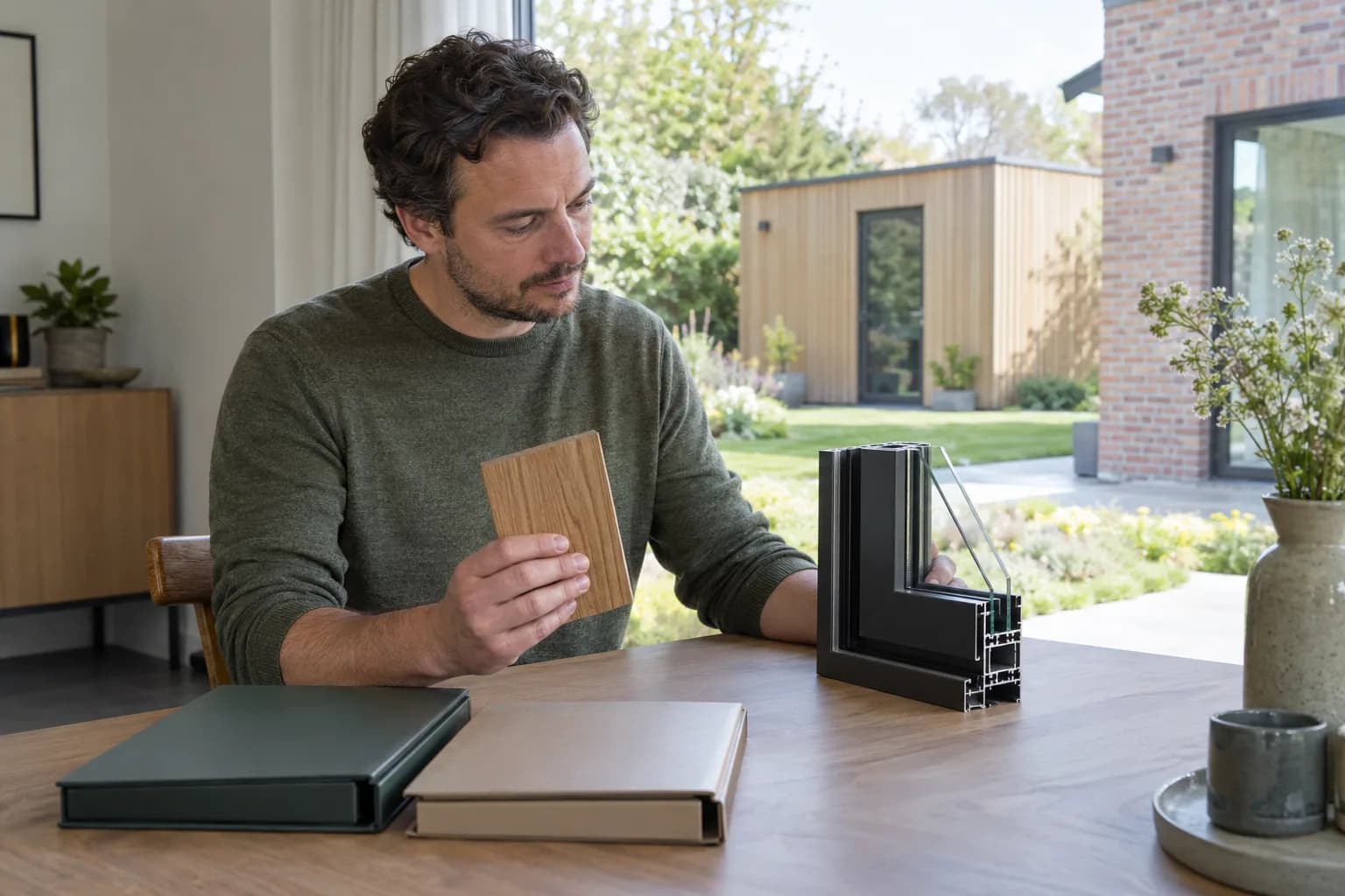 Bewoner vergelijkt een houten gevelstaal met een raamprofiel aan tafel bij gesloten projectmappen