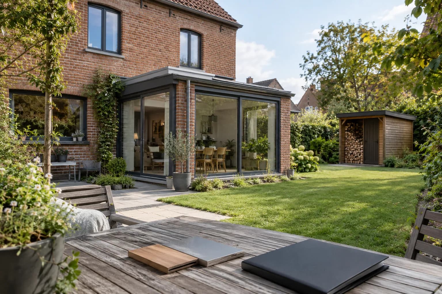 Materiaalstalen en een gesloten projectmap bij een woning met aangebouwde veranda en vrijstaande tuinberging