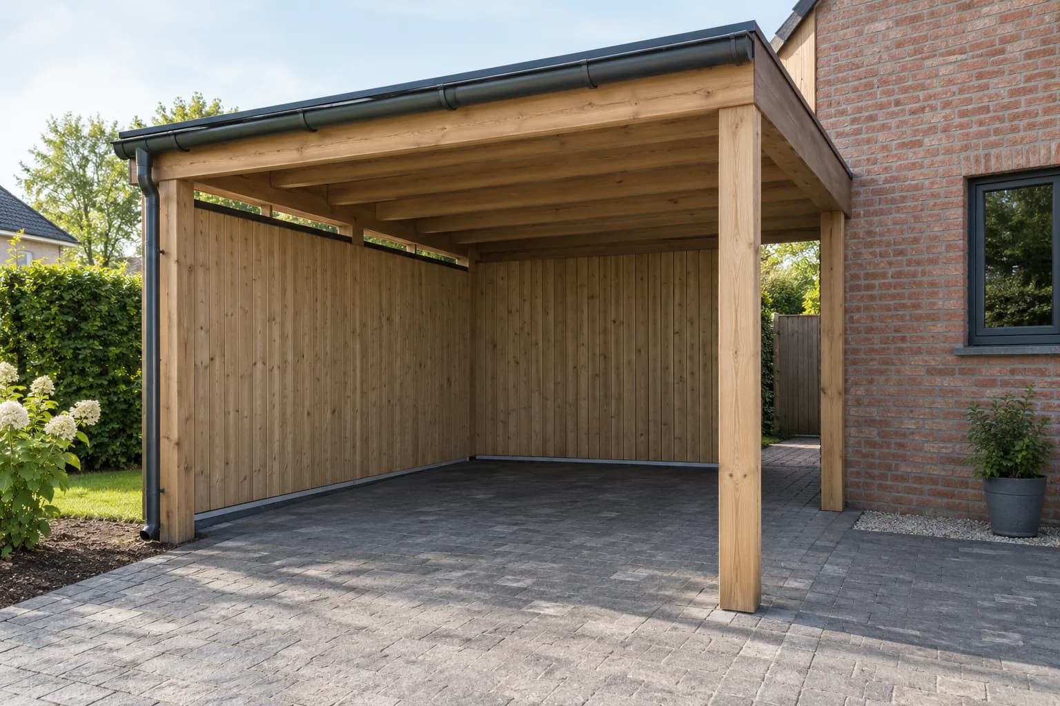 Houten carport met gesloten zij- en achterwand, open voorzijde en een ventilatieopening onder het dak