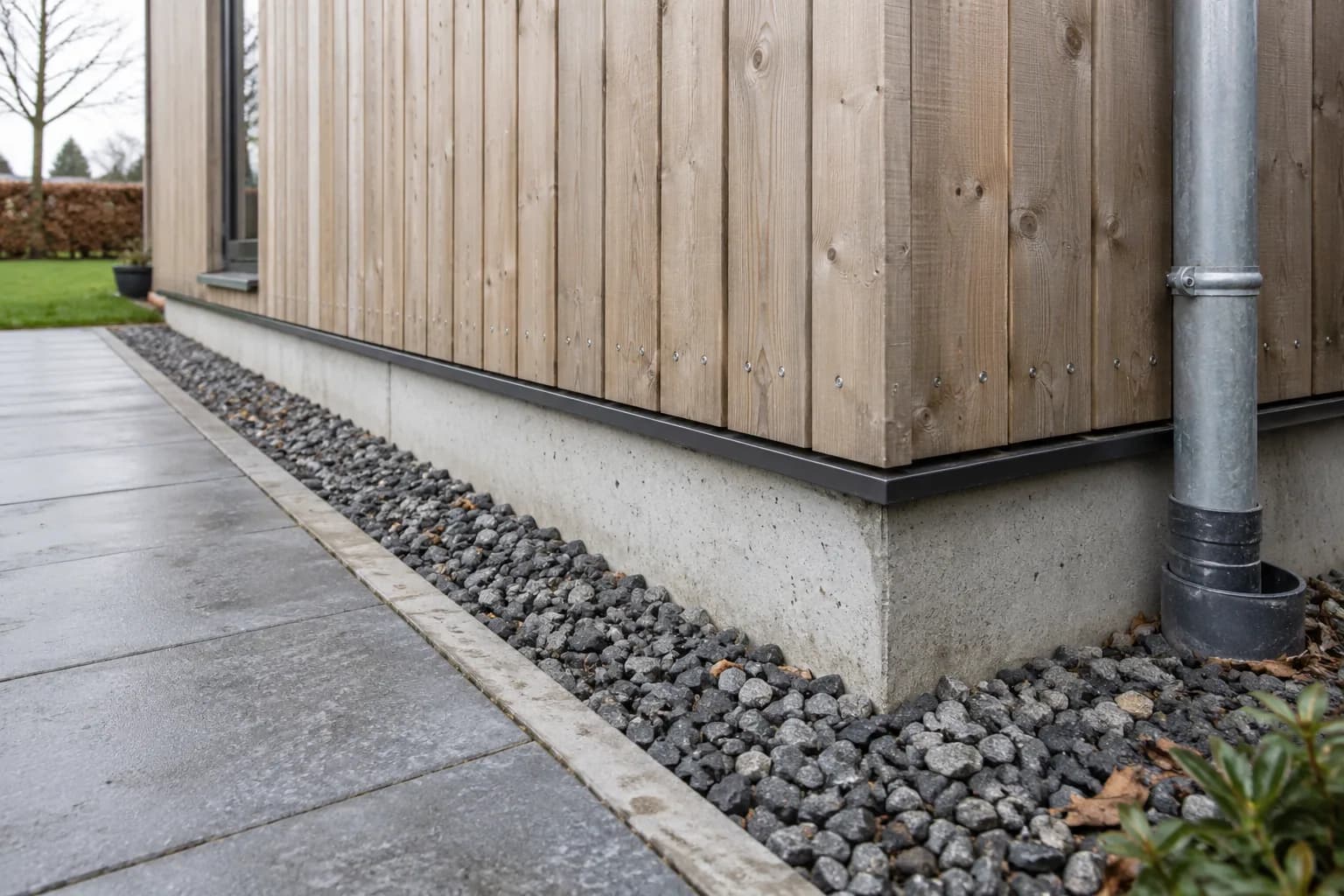 Houten gevel boven een betonnen plint, met grindstrook, randprofiel en regenpijp naast het tuinpad