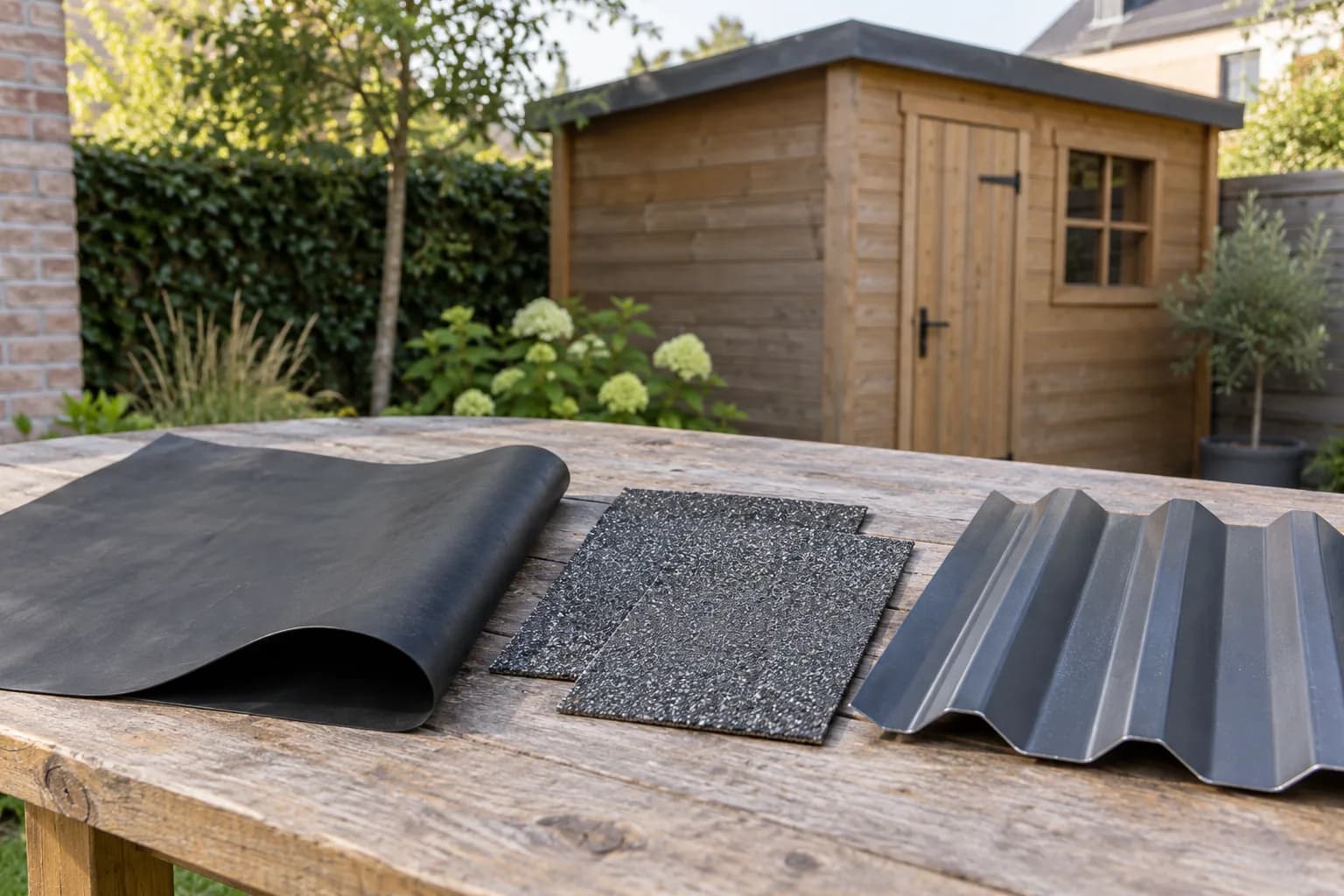 Stalen van glad EPDM-rubber, bitumen shingles en een geprofileerde metalen dakplaat op een werkbank