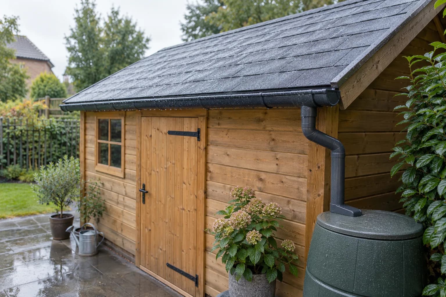 Nat shinglesdak van een houten tuinhuis met dakgoot en regenpijp naar een afgedekte regenton